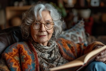 A cheerful and intelligent retired senior woman enjoying a cozy moment, reading a book at home.