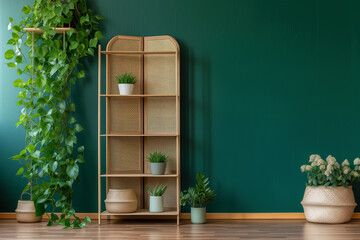 Modern interior with a folding screen and shelving unit by a green wall