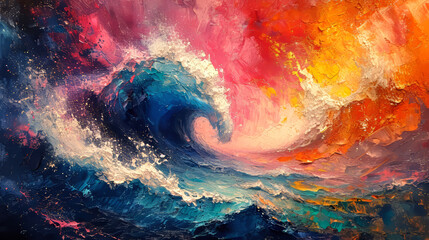 Fototapeta premium Colorful sky and ocean wave abstract background. Oil painting style.