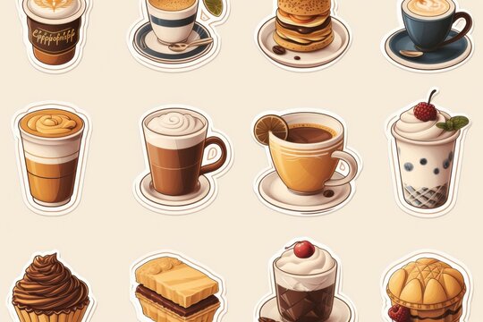 Set with coffee drinks for cafe or coffeehouse menu. Illustration of strong espresso, gentle latte, sweet macchiato and cappuccino, Viennese coffee and glace. 