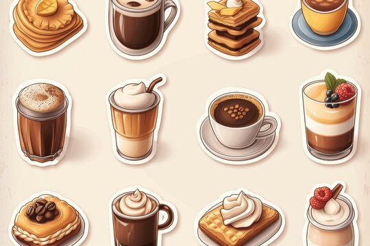 Set with coffee drinks for cafe or coffeehouse menu. Illustration of strong espresso, gentle latte, sweet macchiato and cappuccino, Viennese coffee and glace. 