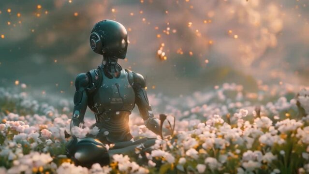 Humanoid robot, ai-generated droid is meditation in lotus pose in a forest with glowing flowers