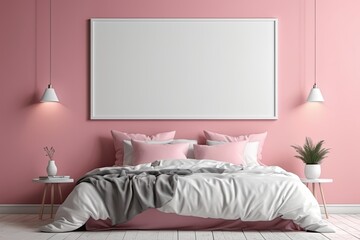 Fototapeta na wymiar Pink bedroom interior space with mock up poster on wall background. Interior of a bedroom. Girly Interior design. 3d render