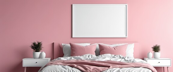 Pink bedroom interior space with mock up poster on wall background. Interior of a bedroom.  Girly Interior design. 3d render