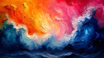 Behangcirkel Colorful sky and ocean wave abstract background. Oil painting style. © Narin