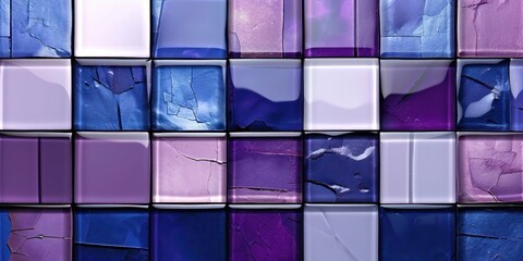 Purple blue white colored abstract grunge glass square mosaic tile mirror wall texture background banner, Generative AI