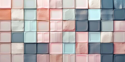 Soft pink blue pastel colored checkered square mosaic tiles wall texture background, Generative AI