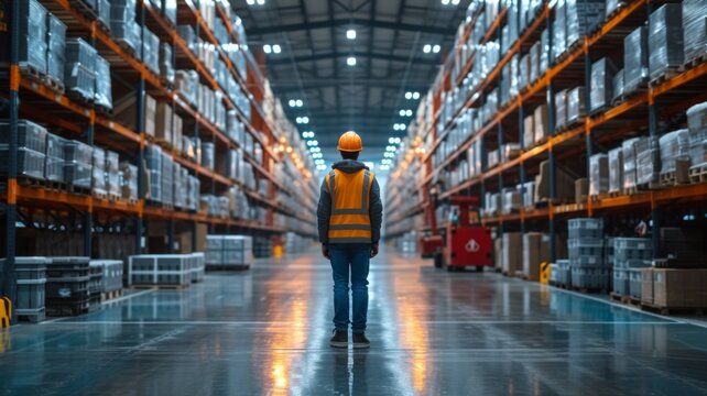 Worker in hard hat and red uniform in warehouse - back view
