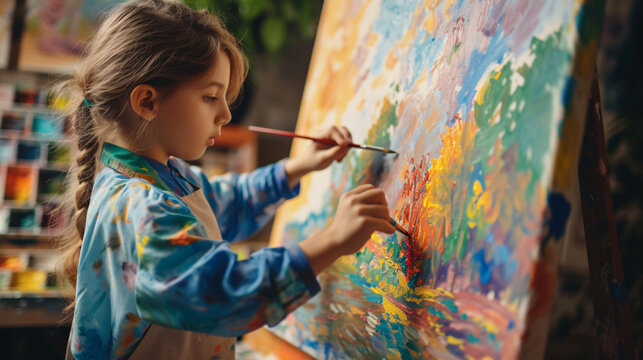 A talented 12-year-old artist pursuing their dreams in a vibrant art studio, donned in a smock, passionately painting a mesmerizing piece. The creative energy is palpable and their potential