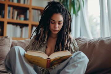 Young woman with dreadlocks reading book at home - Powered by Adobe