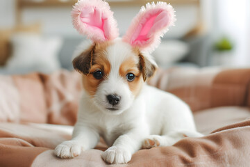 Portrait of a cute puppy wearing easter bunny ears. Happy easter concept - obrazy, fototapety, plakaty