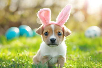 Portrait of a cute puppy wearing easter bunny ears. Happy easter concept