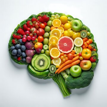 fresh, colorful fruits and vegetables arranged in the shape of a brain, symbolizing the connection between diet and mental healt	