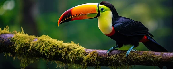 Zelfklevend Fotobehang Toekan Toco toucan colorful bird (Ramphastos toco). Beautiful toucan bird in natural habitat. wide banner.