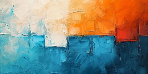 Closeup of abstract rough colorful blue orange multicolored art painting texture, with oil brushstroke, pallet knife paint, with square overlapping paper layers, complementary colors, Generative AI