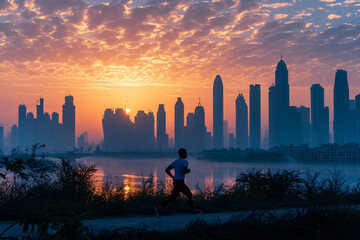 Runner in silhouette jogging along a riverbank against a backdrop of skyscrapers at dawn