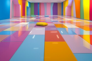 large spacious bright room tiled with colorful hexagons, Hexagonal floor tiles.
