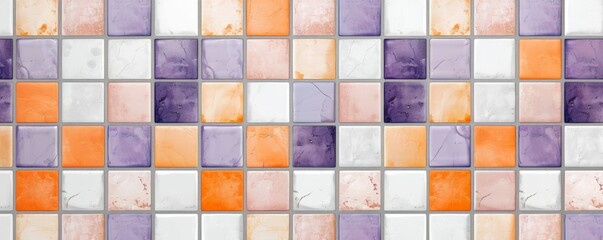 Soft pastel orange purple white colored bright vintage retro geometric square rectangular mosaic motif ceramic subway tiles texture background banner panorama, seamless, Generative AI