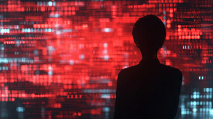 Silhouette von Kopf eines Hackers mit digitalen Zahlen Codes Quellcodes im Hintergrund unscharf Datenschutz Symbol Generative AI