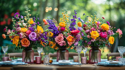 Beautiful flowers decorated on the table.Tables set for an event party or wedding reception. luxury elegant table setting dinner in a restaurant. glasses and dishes. Fancy moment fancy time. - obrazy, fototapety, plakaty