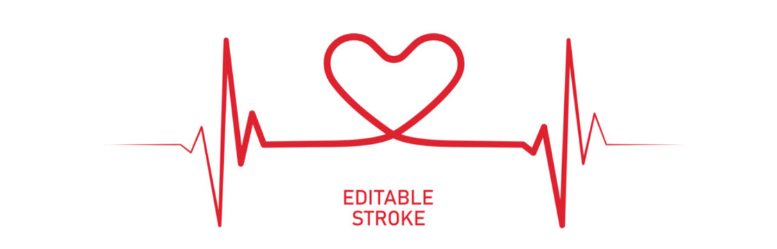 Editable stroke heart diagram with heart, red EKG, cardiogram, heartbeat line vector design to use in healthcare, healthy lifestyle, medical laboratory, cardiology project.
