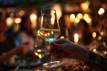 Hand holding glass of white wine , people cheering, cheers, spending a moment together with friends, party, happy moment, wine tasting, cheering, Generative AI 
