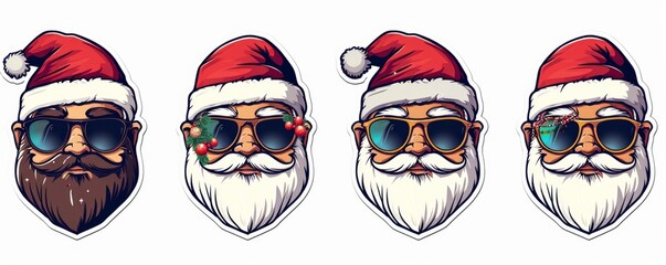 Holiday Christmas  santa claus  - Collection set of sticker of cool hipster santa claus or nicholas with sunglasses, illustration  style, isolated on white background, Generative AI