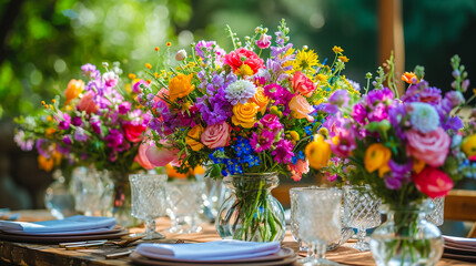 Fototapeta na wymiar A large, long, decorated, wooden table and chairs, covered with a white tablecloth with dishes, flowers, candles, stands outdoor near the forest in nature. Wedding banquet. lights on background