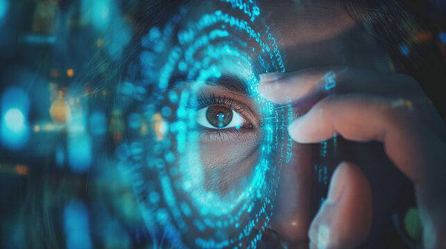 Digitales 3d Auge leuchtet mit Zahlencodes und Quelltext kryptisch symbolisch f&uuml;r Datenschutz und Privatsph&auml;re der Identit&auml;t sch&uuml;tzen Generative AI