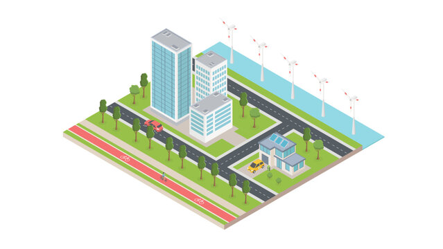 Smart city technologies isometric composition. Image of city block with remote vehicles buildings and people vector illustration. Eco house, wind energy.