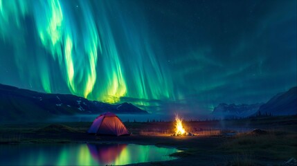 AI generated illustration of stunning northern lights illuminating a tent and a bonfire