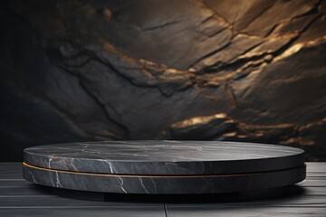 Obraz premium Product display, empty Black Marble podium display stand for product display against a backdrop of black rock boulder.