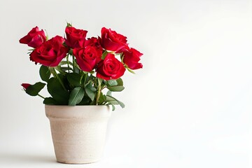Bouquet of red roses in white vase on white background for valentine. Generative AI. 