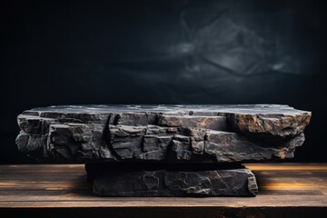 Product Display mock up, empty Black stone podium display stand for product display against a backdrop of black rock boulder.