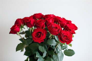 Elegant bunch of red roses on white background, copy space, generative AI.