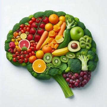  fresh, colorful fruits and vegetables arranged in the shape of a brain, symbolizing the connection between diet and mental healt