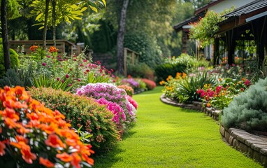 A stunning view of a beautiful home garden in full bloom, showcasing a vibrant array of flowers and lush greenery, creating a picturesque and inviting atmosphere