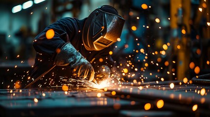 Professional Welder at Work, Wearing Safety Gear, Welding Metal Material with Sparks Flying in Industrial Setting