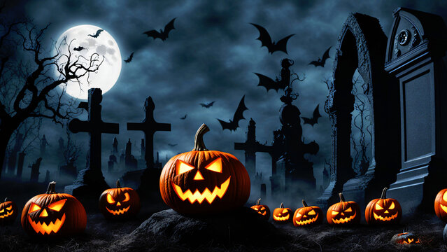 AI generated. Illustration. Pumpkins with glowing grins lie in cemetery on moonlit night. Creepy photo. Scary pumpkin. Moon in gloomy sky. Halloween card.