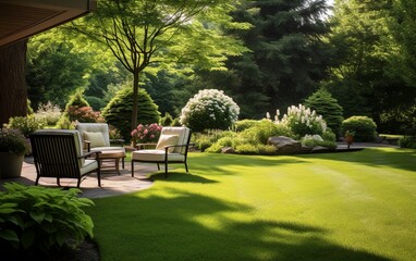 A serene view of a green lawn surrounded by beautiful, well-kept plants in a garden, creating a harmonious and tranquil outdoor space