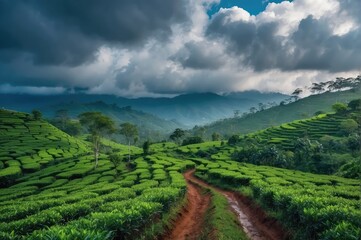 Fototapeta na wymiar tea fields, serene tea plantation scenery, photography backdrop, 