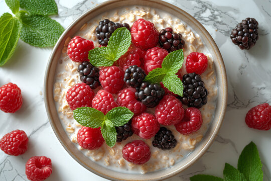 Oatmeal with raspberries and blackberries in a bowl