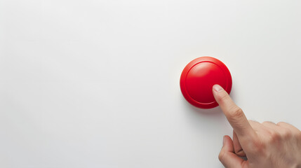 Closeup hand presses the big red button. The concept of the threat of nuclear war isolated on white baclground