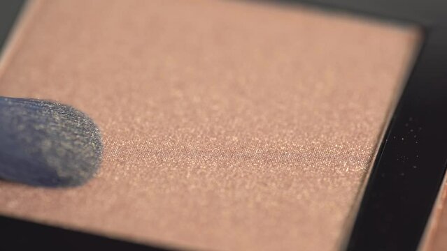 A palette with eye shadows and a makeup brush. Brush gains shiny brown eyeshadows on pile to be used in make-up. Cosmetic swatch of eyeshadows, powder, bronzer or highlighter