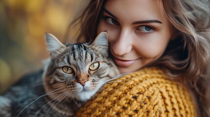 young woman holding cute cat with green eyes. Female hugging her cute long hair kitty. Background