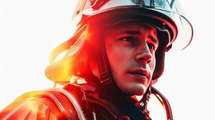 A stunning 3D rendering of a brave firefighter standing heroically, isolated on a crisp white background. The intricate details and super realistic textures make this artwork a captivating p