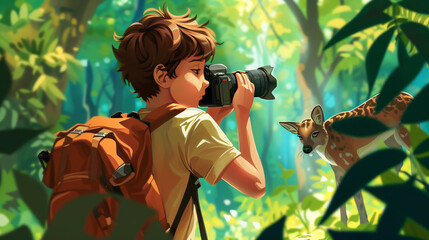 A talented 14-year-old wildlife photographer stands in a vibrant cartoonish forest, capturing the enchanting beauty of nature through their camera lens. The young passion and creative spirit - obrazy, fototapety, plakaty