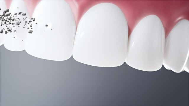 Closeup shot of activated charcoal particles whitening teeth, 3d animation, Dark Background, 4k, matching whitening set 2