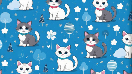 blue wrapping paper with cute kitten cat cartoons
