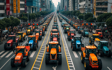 Many tractors blocked city streets and caused traffic jams in city. Agricultural workers protesting against tax increases, changes in law, abolition of benefits on protest rally in street.